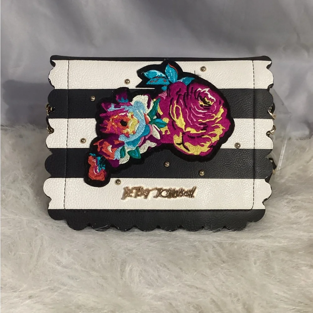Betsey Johnson Black White Striped Floral Appliqué Crossbody Wallet Bag Vegan